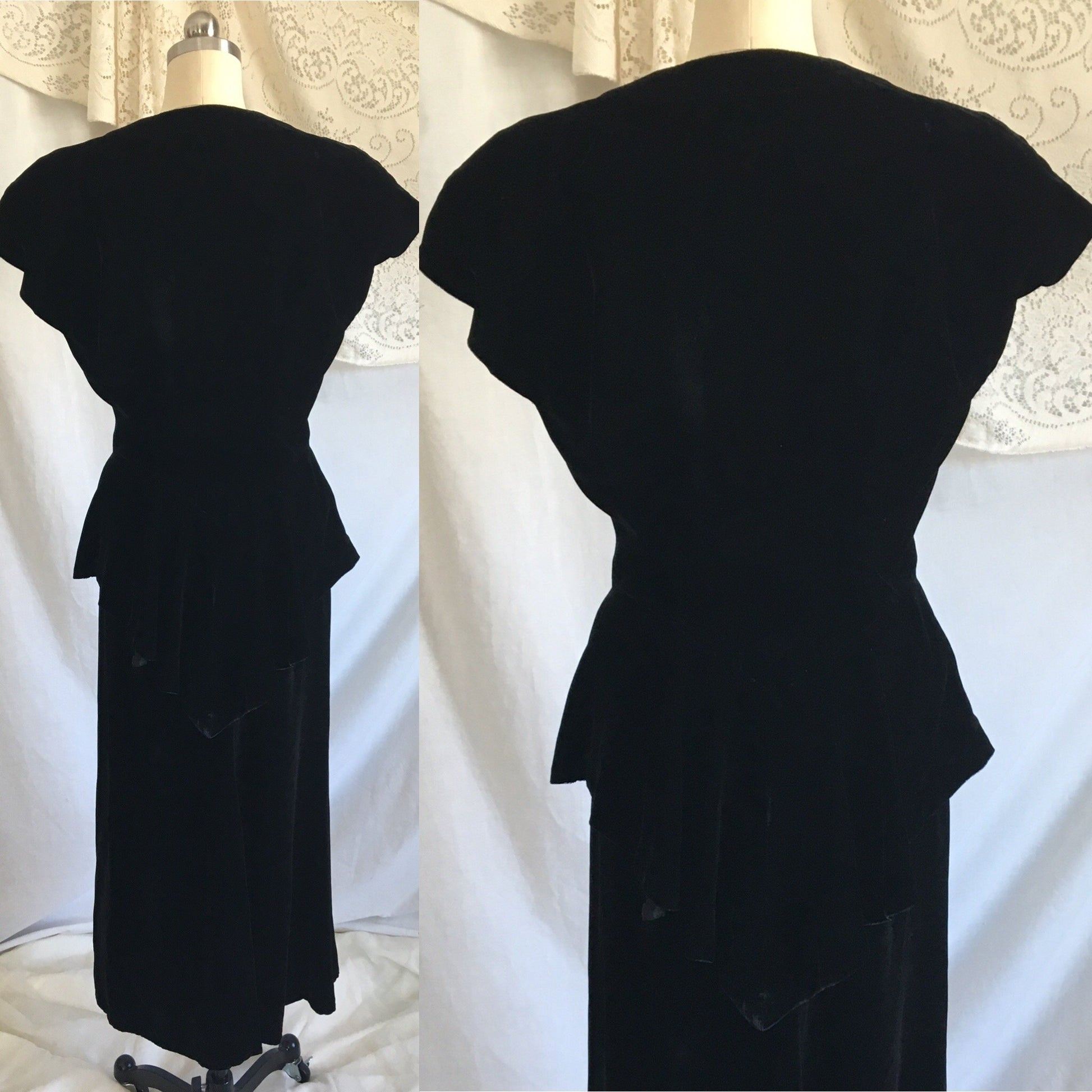 Vintage 1940's Peplum Skirt Suit | Black Rayon Velvet | Bias Cut Top with High Waist Skirt | 2 Piece Dress | Size XS - S - Daggers & Dames
