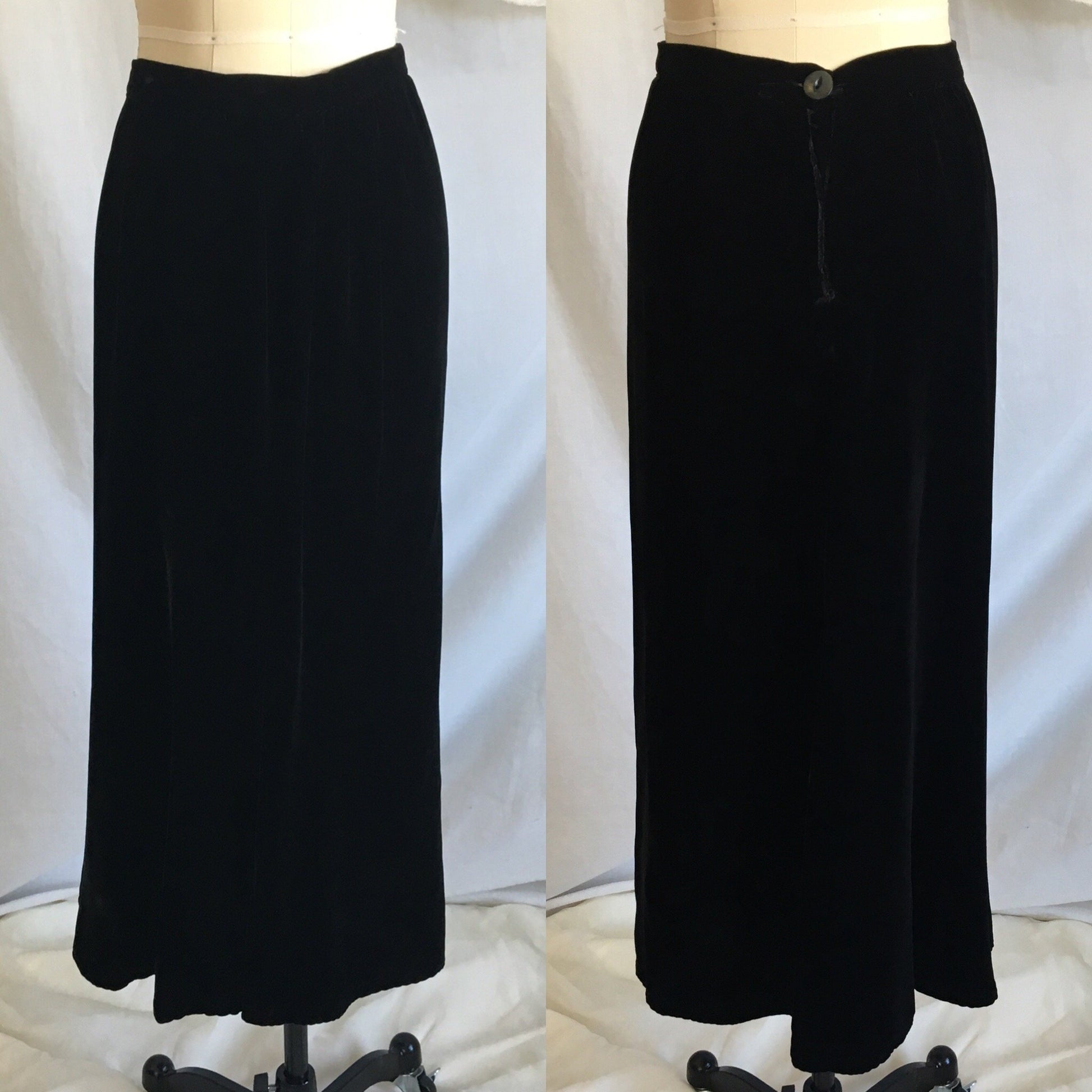 Vintage 1940's Peplum Skirt Suit | Black Rayon Velvet | Bias Cut Top with High Waist Skirt | 2 Piece Dress | Size XS - S - Daggers & Dames