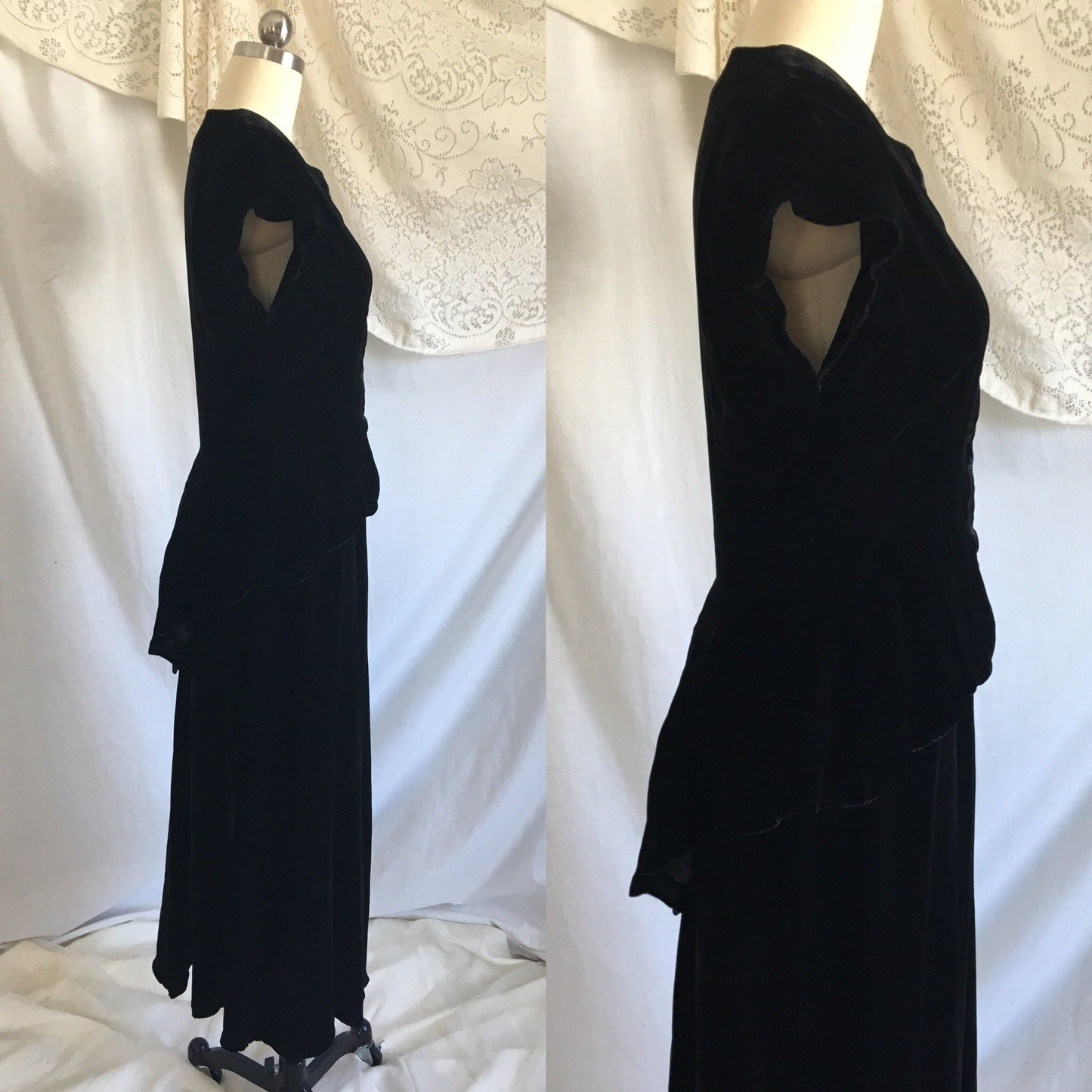 Vintage 1940's Peplum Skirt Suit | Black Rayon Velvet | Bias Cut Top with High Waist Skirt | 2 Piece Dress | Size XS - S - Daggers & Dames