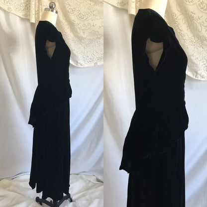 Vintage 1940's Peplum Skirt Suit | Black Rayon Velvet | Bias Cut Top with High Waist Skirt | 2 Piece Dress | Size XS - S - Daggers & Dames
