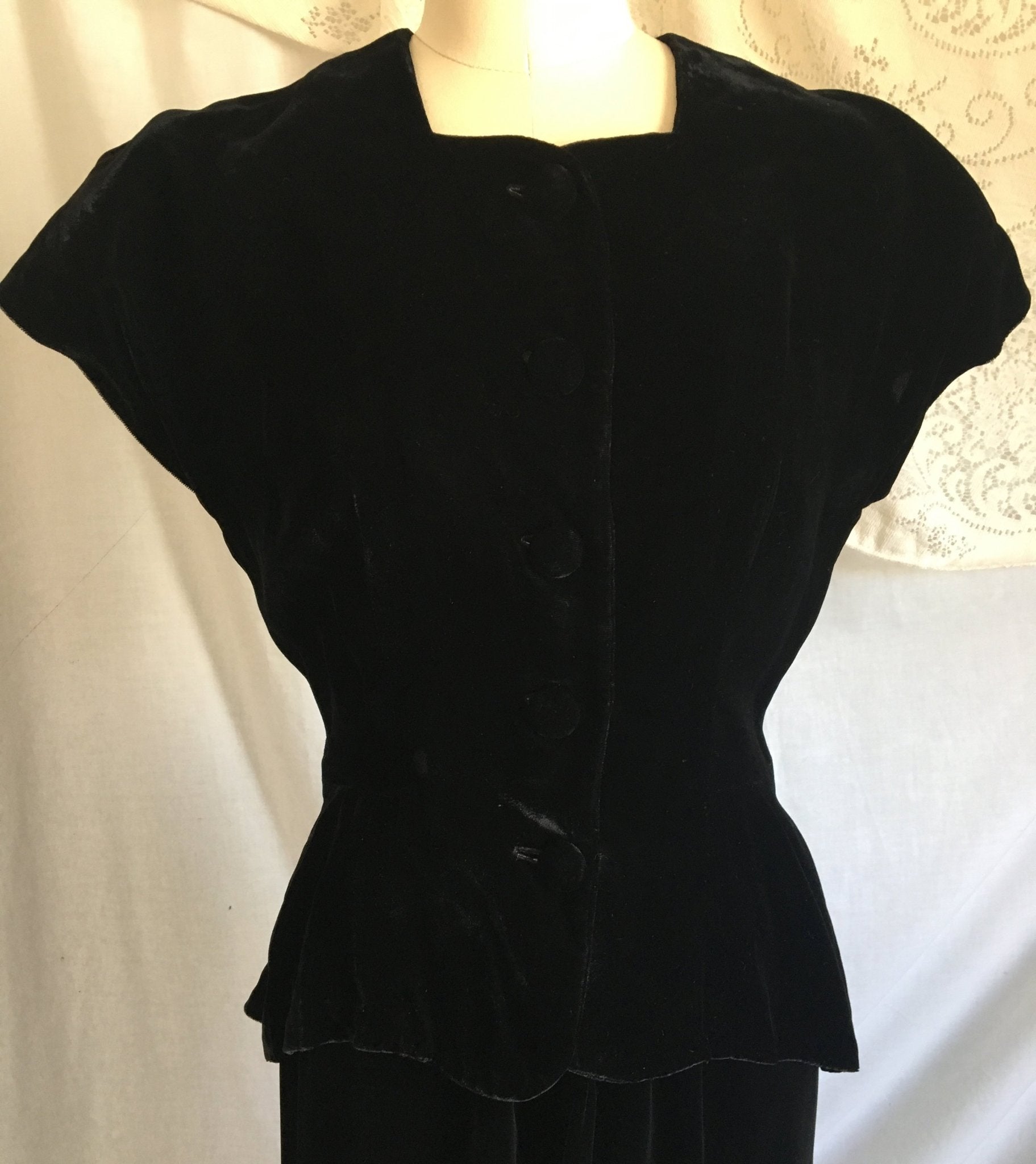 Vintage 1940's Peplum Skirt Suit | Black Rayon Velvet | Bias Cut Top with High Waist Skirt | 2 Piece Dress | Size XS - S - Daggers & Dames