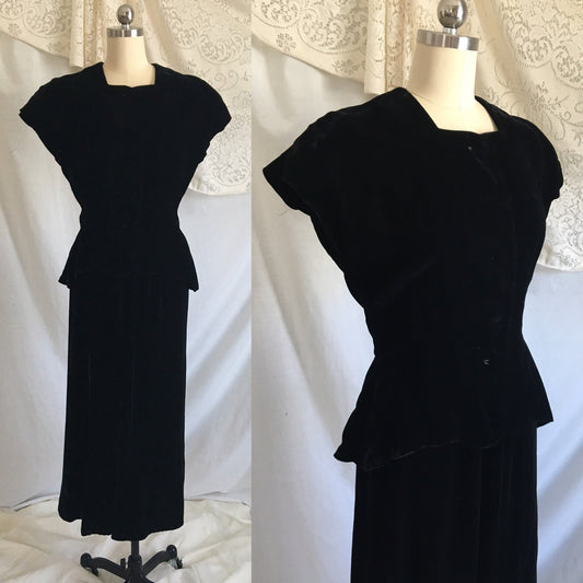 Vintage 1940's Peplum Skirt Suit | Black Rayon Velvet | Bias Cut Top with High Waist Skirt | 2 Piece Dress | Size XS - S - Daggers & Dames