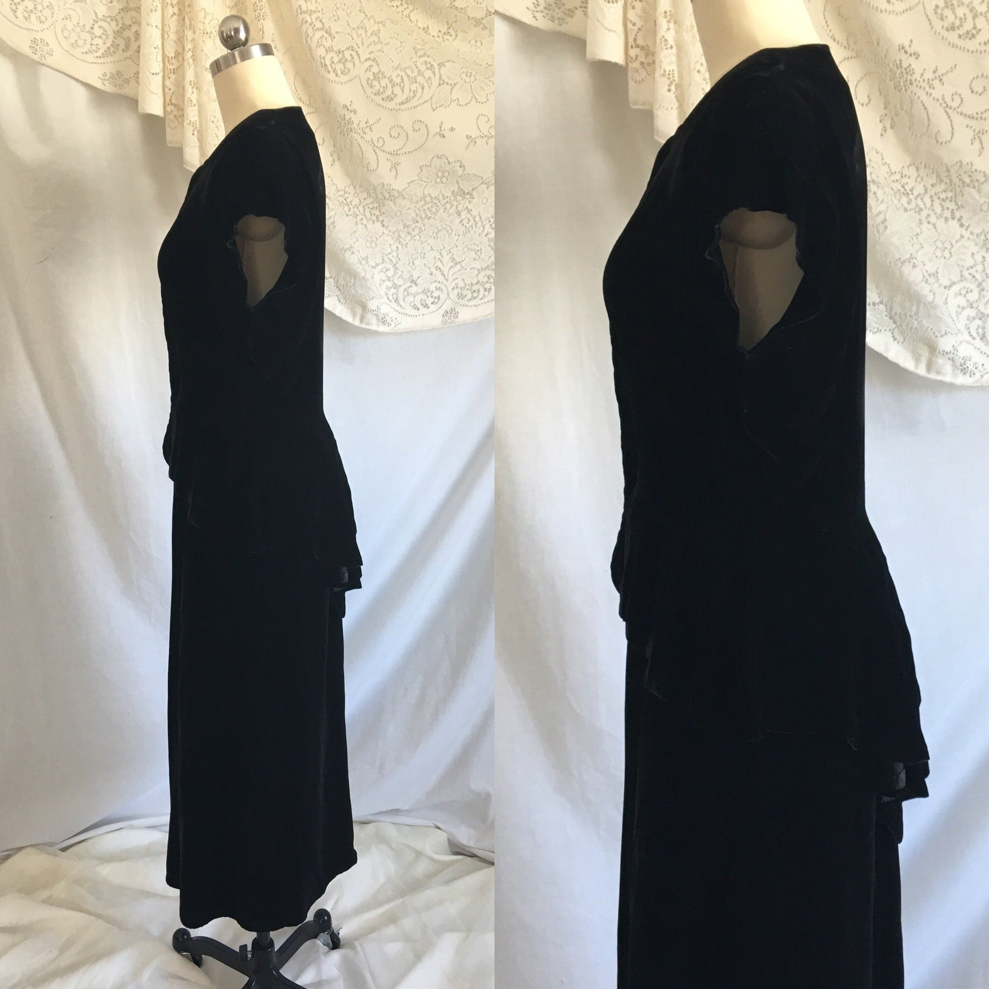 Vintage 1940's Peplum Skirt Suit | Black Rayon Velvet | Bias Cut Top with High Waist Skirt | 2 Piece Dress | Size XS - S - Daggers & Dames