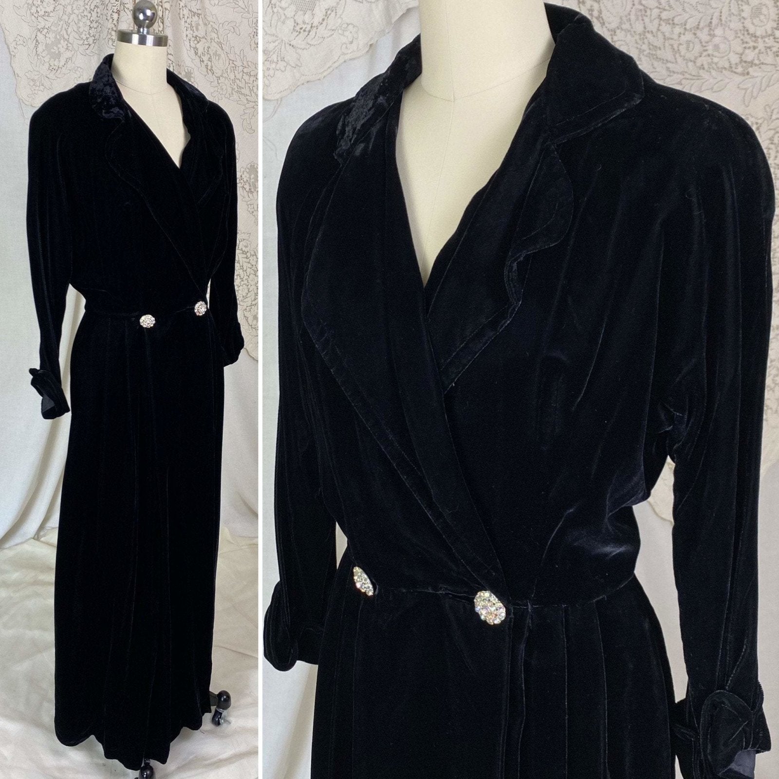 Vintage 1940's Robe | Black Velvet with Rhinestone Buttons | Size S | Styled by Dorian, New with Tags - Daggers & Dames