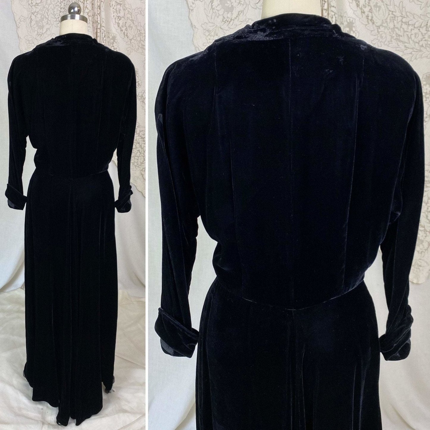 Vintage 1940's Robe | Black Velvet with Rhinestone Buttons | Size S | Styled by Dorian, New with Tags - Daggers & Dames