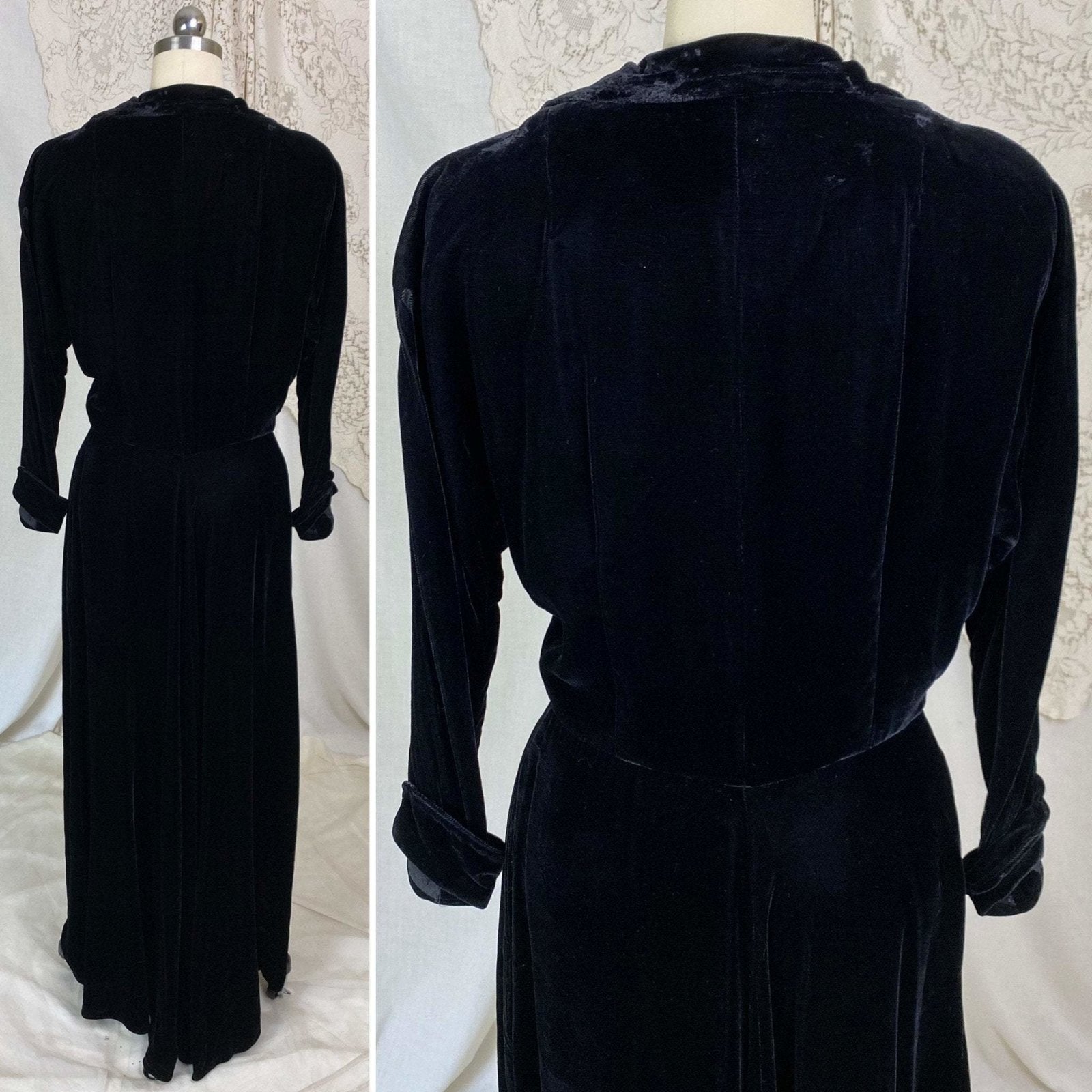 Vintage 1940's Robe | Black Velvet with Rhinestone Buttons | Size S | Styled by Dorian, New with Tags - Daggers & Dames