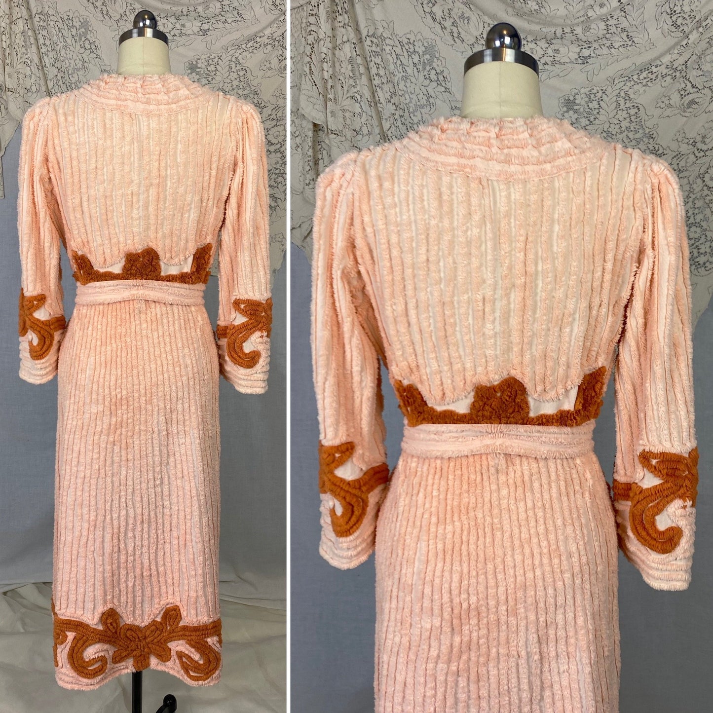 Vintage 1940's Robe | Lush Peach Candlewick Chenille with Sienna Floral Tufts | Size S, M - Daggers & Dames