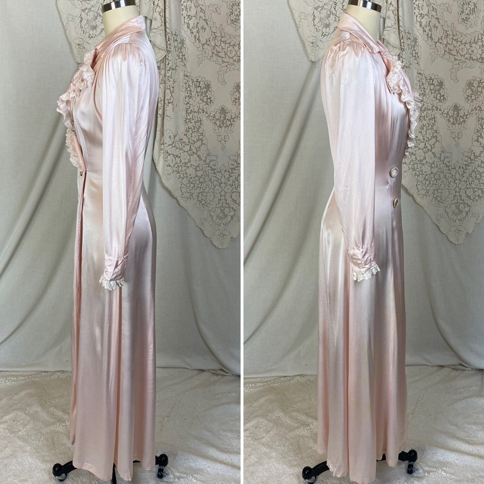 Vintage 1940's Robe | Pale Powder Pink Rayon Satin Charmeuse with White Ruffled Lace | Size XS | Dorian for G. Fox & Co. - Daggers & Dames