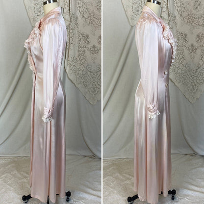 Vintage 1940's Robe | Pale Powder Pink Rayon Satin Charmeuse with White Ruffled Lace | Size XS | Dorian for G. Fox & Co. - Daggers & Dames