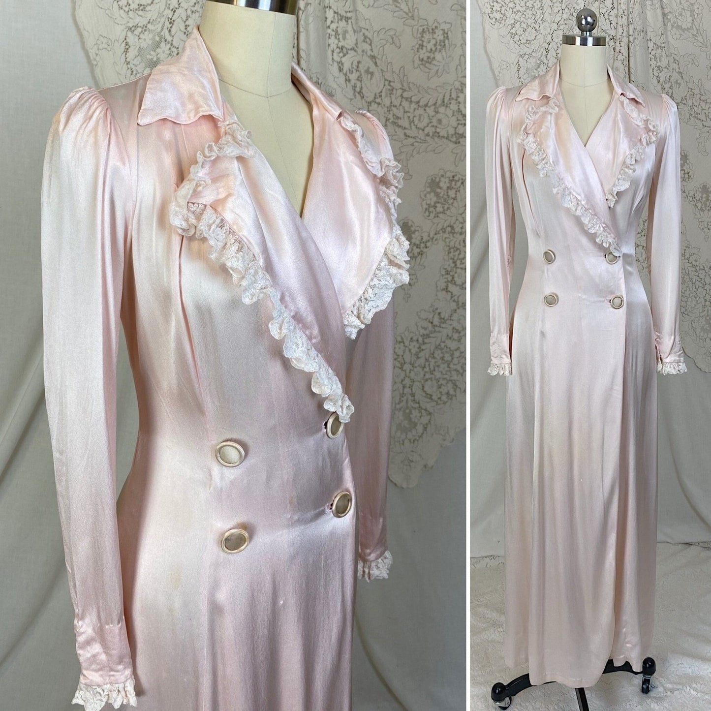 Vintage 1940's Robe | Pale Powder Pink Rayon Satin Charmeuse with White Ruffled Lace | Size XS | Dorian for G. Fox & Co. - Daggers & Dames