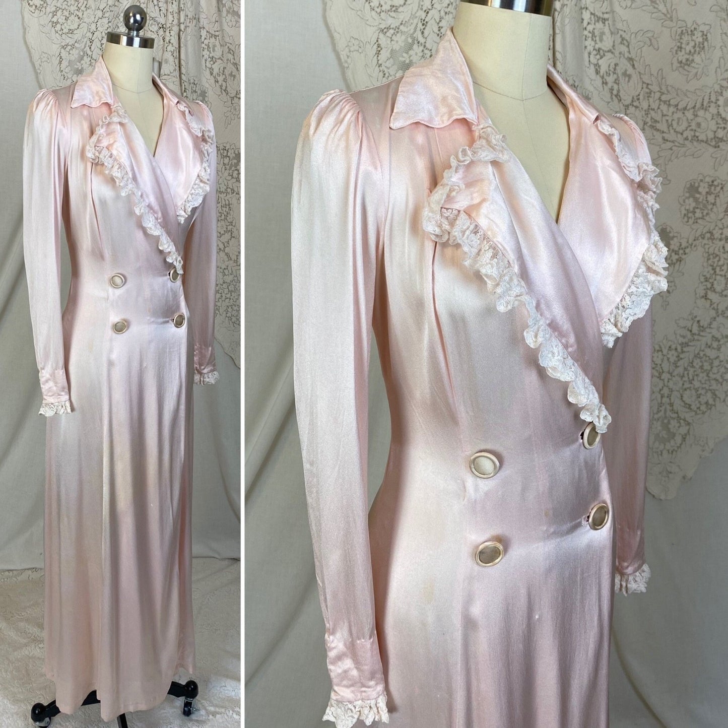 Vintage 1940's Robe | Pale Powder Pink Rayon Satin Charmeuse with White Ruffled Lace | Size XS | Dorian for G. Fox & Co. - Daggers & Dames