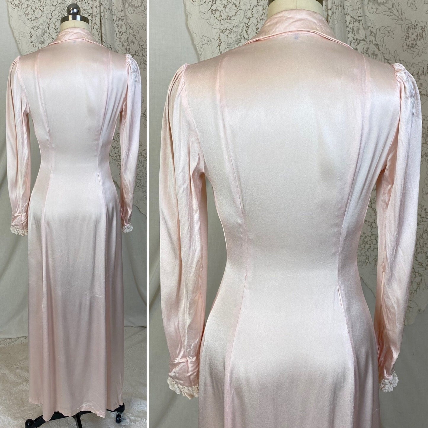 Vintage 1940's Robe | Pale Powder Pink Rayon Satin Charmeuse with White Ruffled Lace | Size XS | Dorian for G. Fox & Co. - Daggers & Dames
