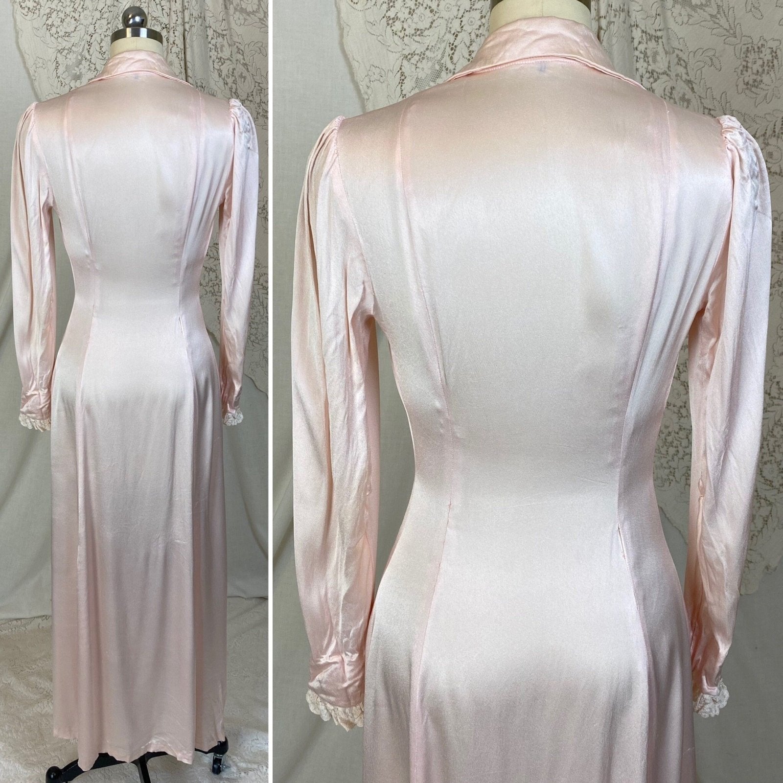 Vintage 1940's Robe | Pale Powder Pink Rayon Satin Charmeuse with White Ruffled Lace | Size XS | Dorian for G. Fox & Co. - Daggers & Dames