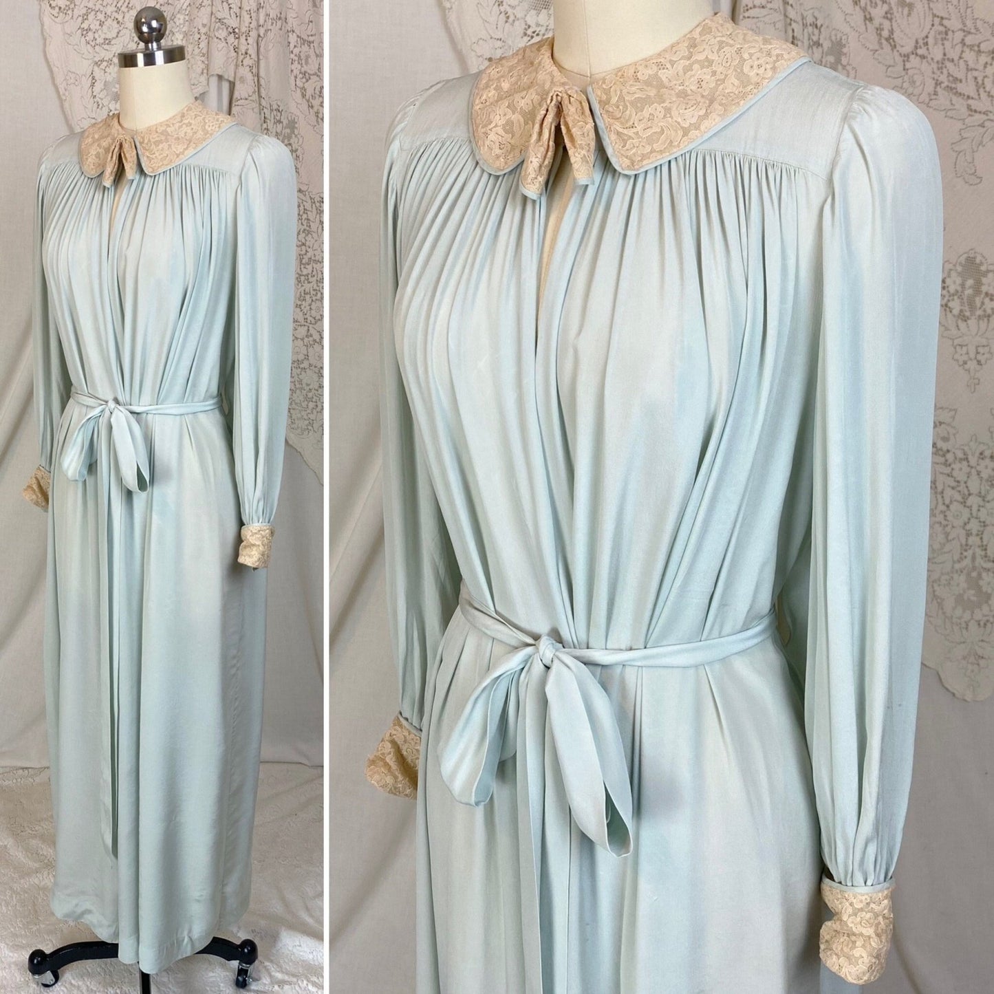 Vintage 1940's Robe | Pale Sky Blue Silk Chiffon with Nude Lace | Size S, M - Daggers & Dames