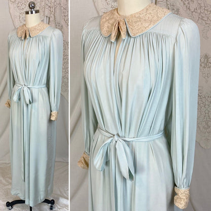 Vintage 1940's Robe | Pale Sky Blue Silk Chiffon with Nude Lace | Size S, M - Daggers & Dames