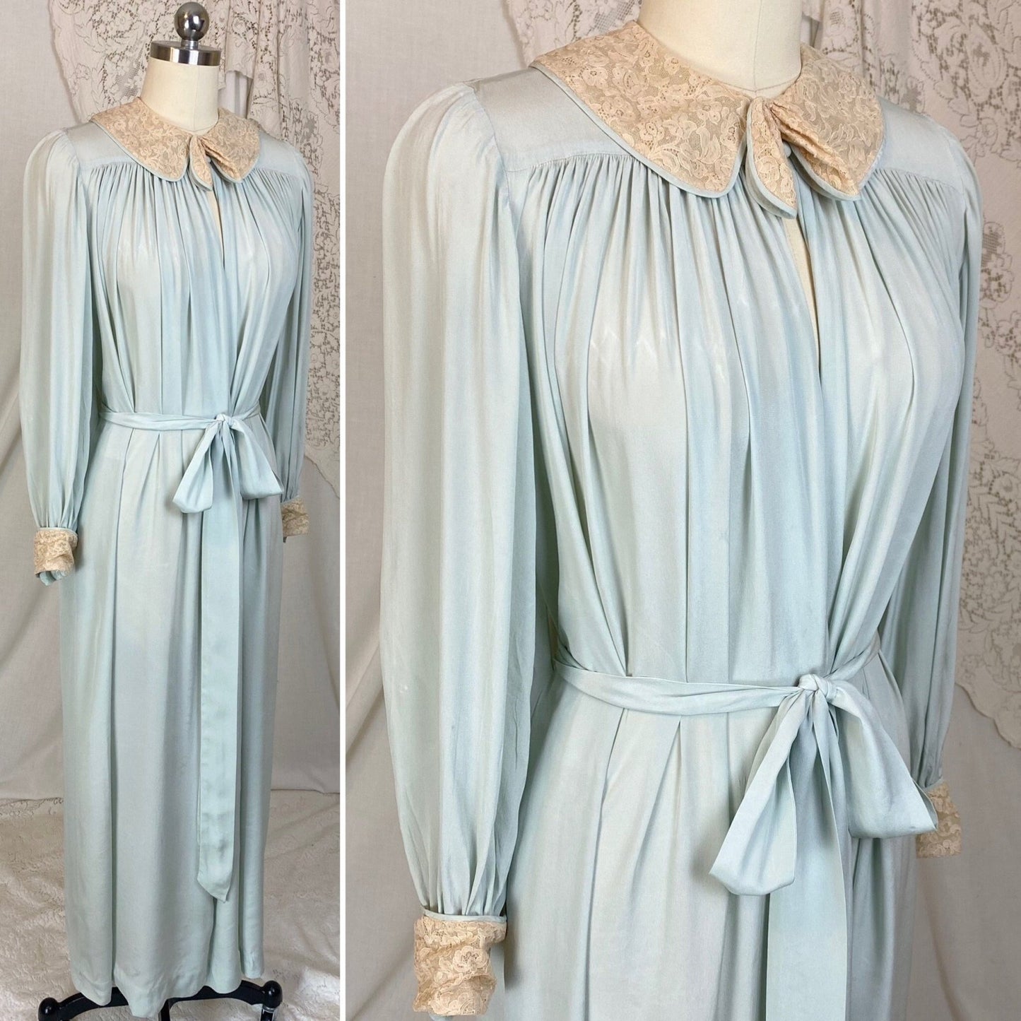 Vintage 1940's Robe | Pale Sky Blue Silk Chiffon with Nude Lace | Size S, M - Daggers & Dames