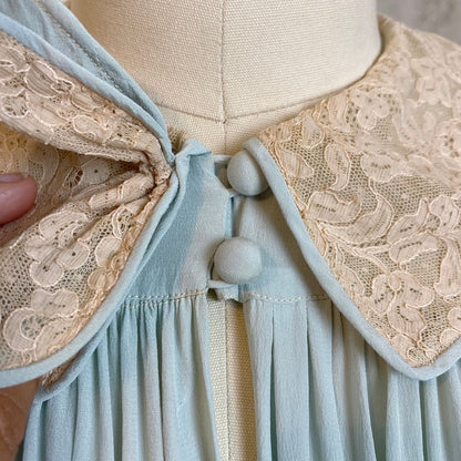 Vintage 1940's Robe | Pale Sky Blue Silk Chiffon with Nude Lace | Size S, M - Daggers & Dames