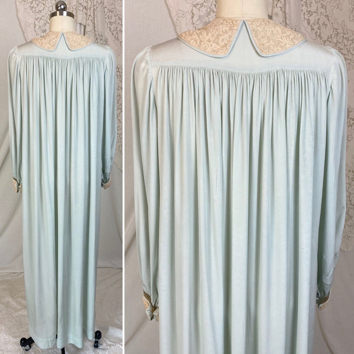 Vintage 1940's Robe | Pale Sky Blue Silk Chiffon with Nude Lace | Size S, M - Daggers & Dames