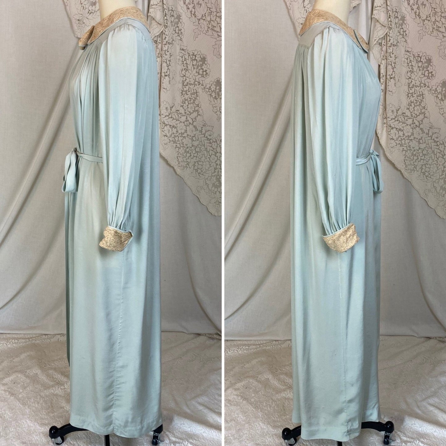 Vintage 1940's Robe | Pale Sky Blue Silk Chiffon with Nude Lace | Size S, M - Daggers & Dames