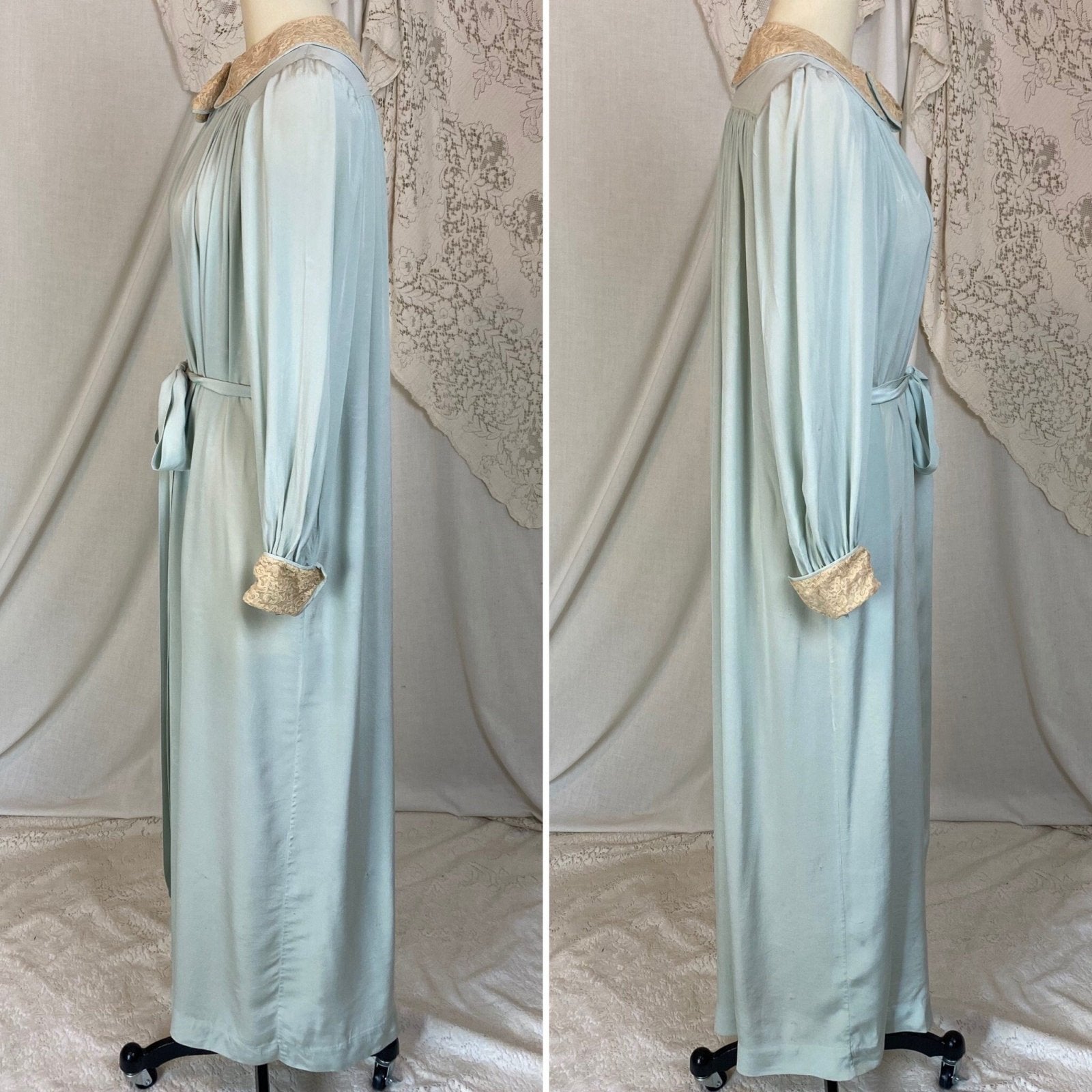 Vintage 1940's Robe | Pale Sky Blue Silk Chiffon with Nude Lace | Size S, M - Daggers & Dames