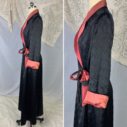 Vintage 1940's Robe | Quilted Black Rayon Satin with Dark Orange Taffeta Lining | Size M | Taylor Mode - Daggers & Dames
