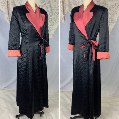 Vintage 1940's Robe | Quilted Black Rayon Satin with Dark Orange Taffeta Lining | Size M | Taylor Mode - Daggers & Dames
