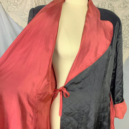Vintage 1940's Robe | Quilted Black Rayon Satin with Dark Orange Taffeta Lining | Size M | Taylor Mode - Daggers & Dames