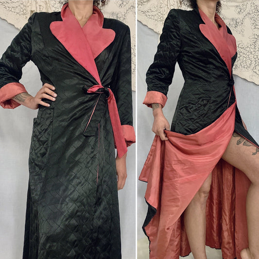 Vintage 1940's Robe | Quilted Black Rayon Satin with Dark Orange Taffeta Lining | Size M | Taylor Mode - Daggers & Dames