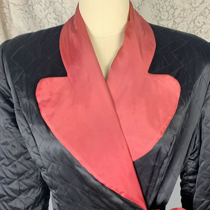 Vintage 1940's Robe | Quilted Black Rayon Satin with Dark Orange Taffeta Lining | Size M | Taylor Mode - Daggers & Dames