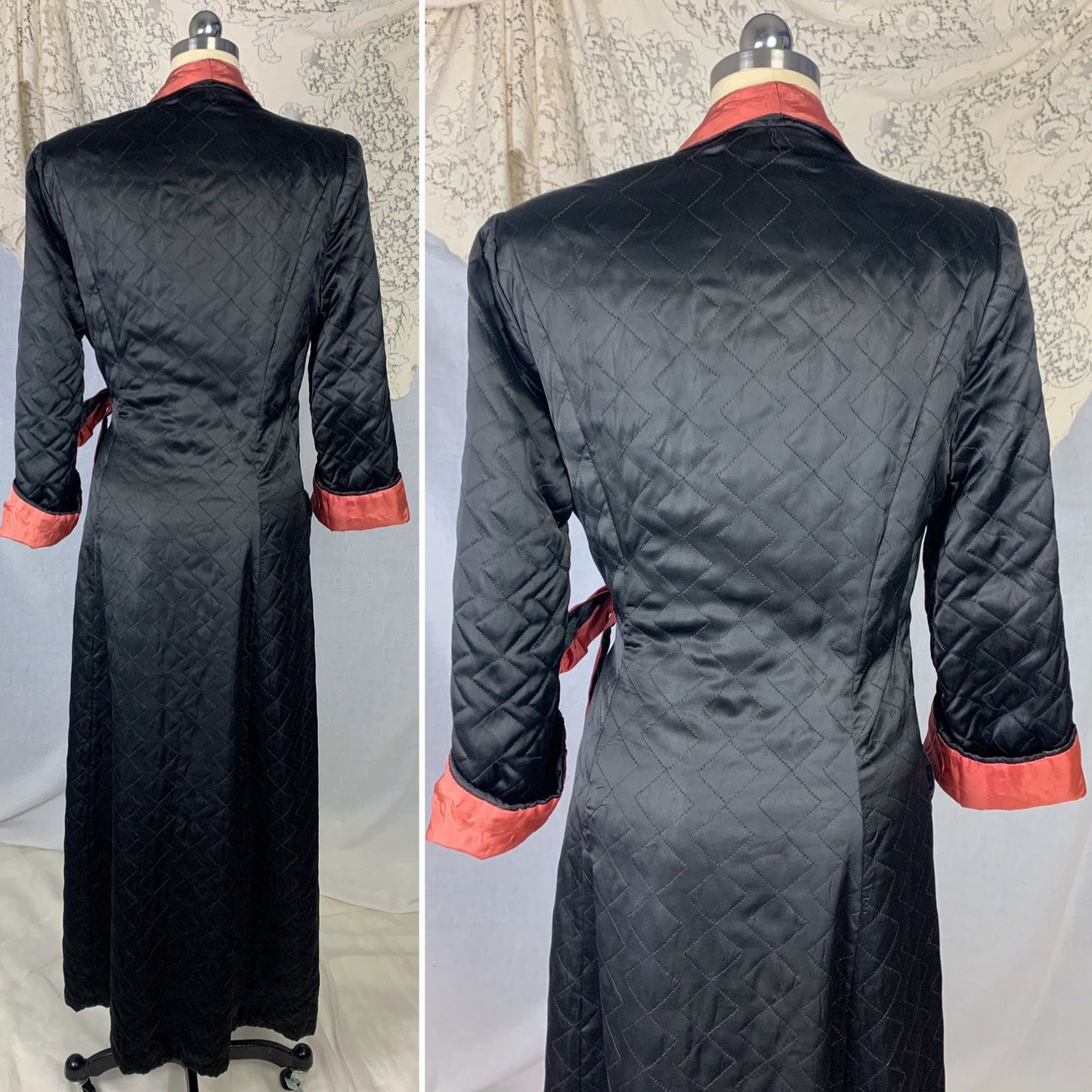 Vintage 1940's Robe | Quilted Black Rayon Satin with Dark Orange Taffeta Lining | Size M | Taylor Mode - Daggers & Dames