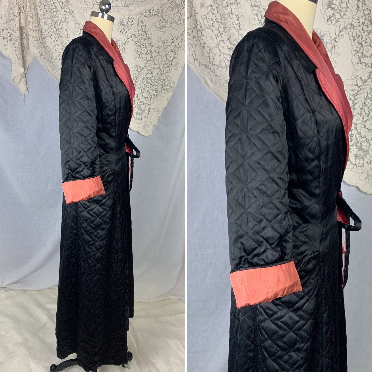 Vintage 1940's Robe | Quilted Black Rayon Satin with Dark Orange Taffeta Lining | Size M | Taylor Mode - Daggers & Dames