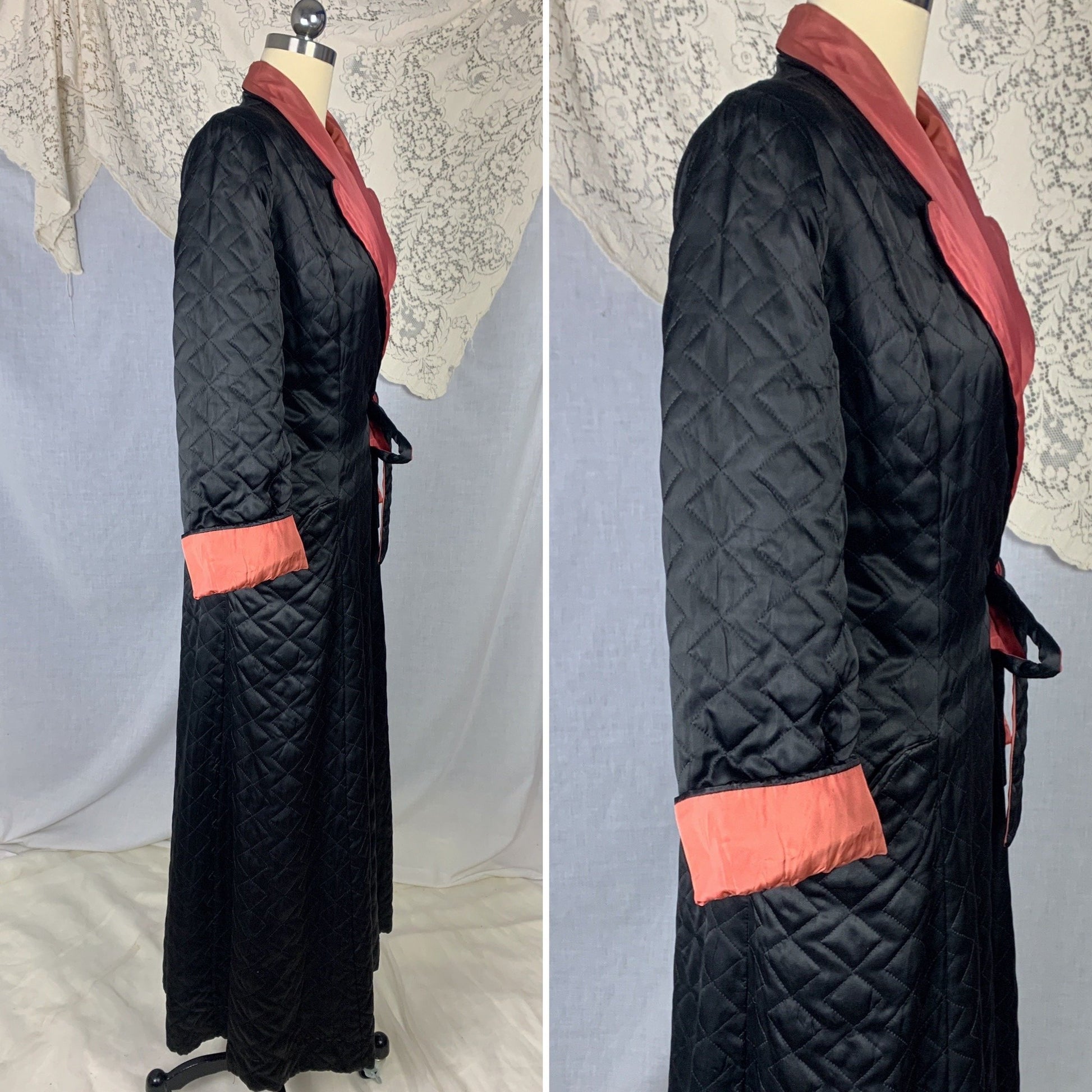 Vintage 1940's Robe | Quilted Black Rayon Satin with Dark Orange Taffeta Lining | Size M | Taylor Mode - Daggers & Dames