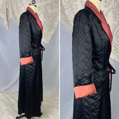 Vintage 1940's Robe | Quilted Black Rayon Satin with Dark Orange Taffeta Lining | Size M | Taylor Mode - Daggers & Dames