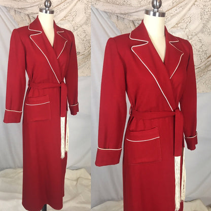 Vintage 1940's Robe | Red Wool with Cream Piping & Tassel Sash Tie | Barbara Lee Jr. | Size XS, SM, MED - Daggers & Dames