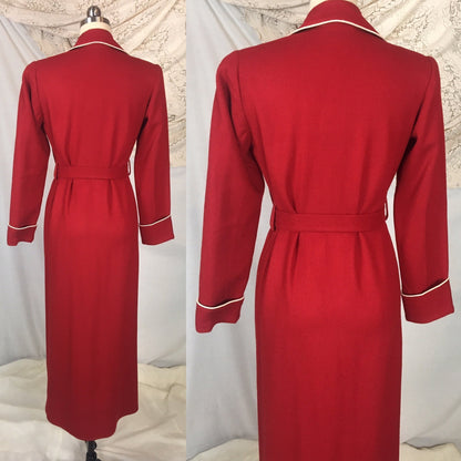 Vintage 1940's Robe | Red Wool with Cream Piping & Tassel Sash Tie | Barbara Lee Jr. | Size XS, SM, MED - Daggers & Dames