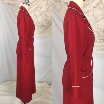 Vintage 1940's Robe | Red Wool with Cream Piping & Tassel Sash Tie | Barbara Lee Jr. | Size XS, SM, MED - Daggers & Dames