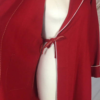 Vintage 1940's Robe | Red Wool with Cream Piping & Tassel Sash Tie | Barbara Lee Jr. | Size XS, SM, MED - Daggers & Dames