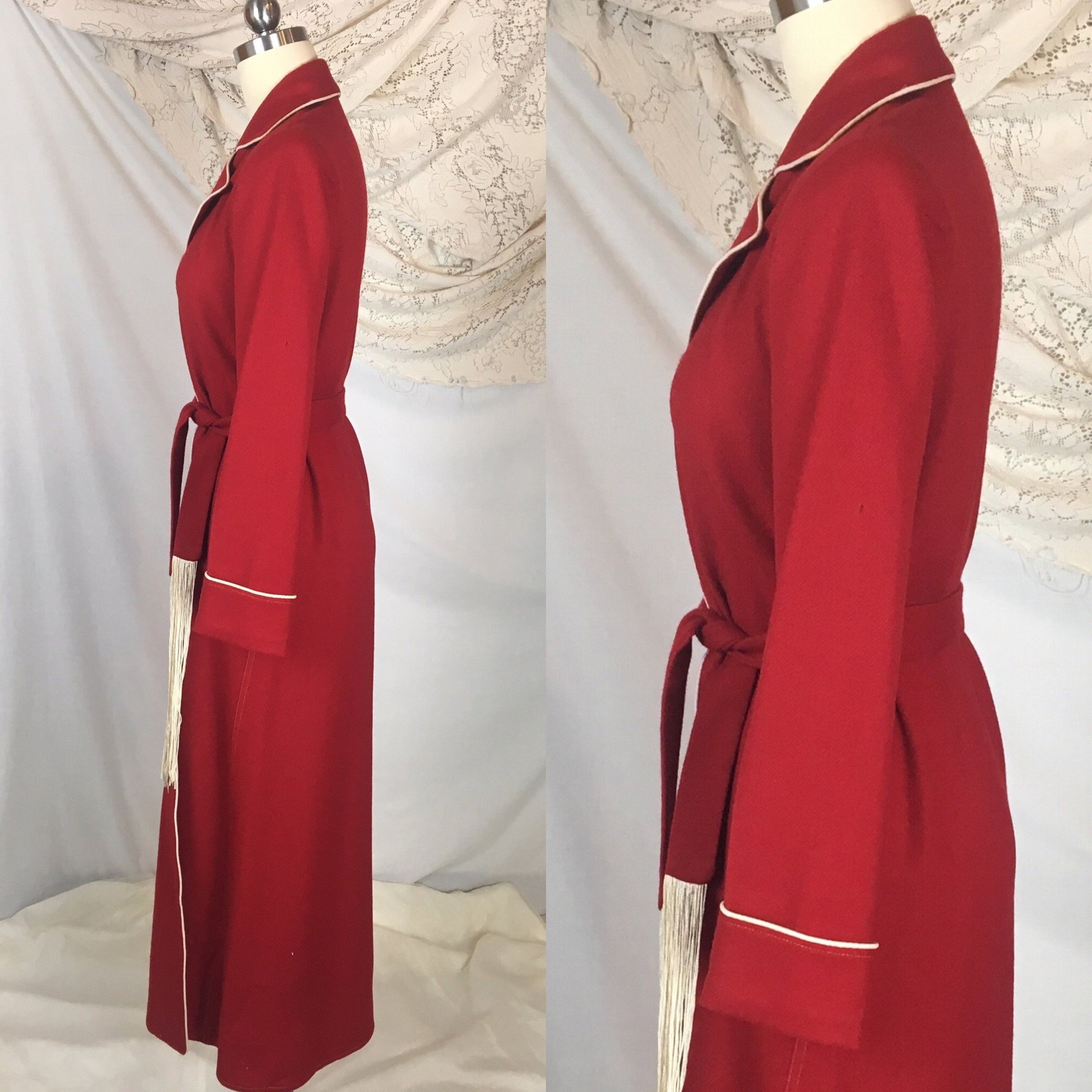 Vintage 1940's Robe | Red Wool with Cream Piping & Tassel Sash Tie | Barbara Lee Jr. | Size XS, SM, MED - Daggers & Dames