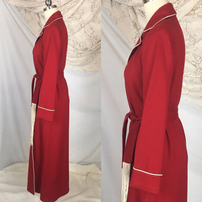 Vintage 1940's Robe | Red Wool with Cream Piping & Tassel Sash Tie | Barbara Lee Jr. | Size XS, SM, MED - Daggers & Dames