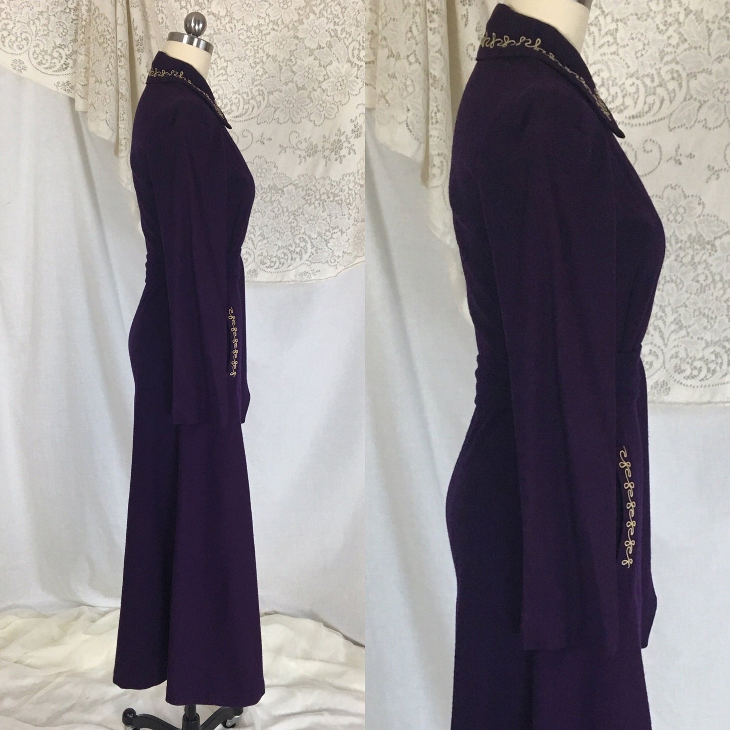 Vintage 1940's Robe | Rich Eggplant Purple Wool with Gold Embroidery | Size S, MED - Daggers & Dames