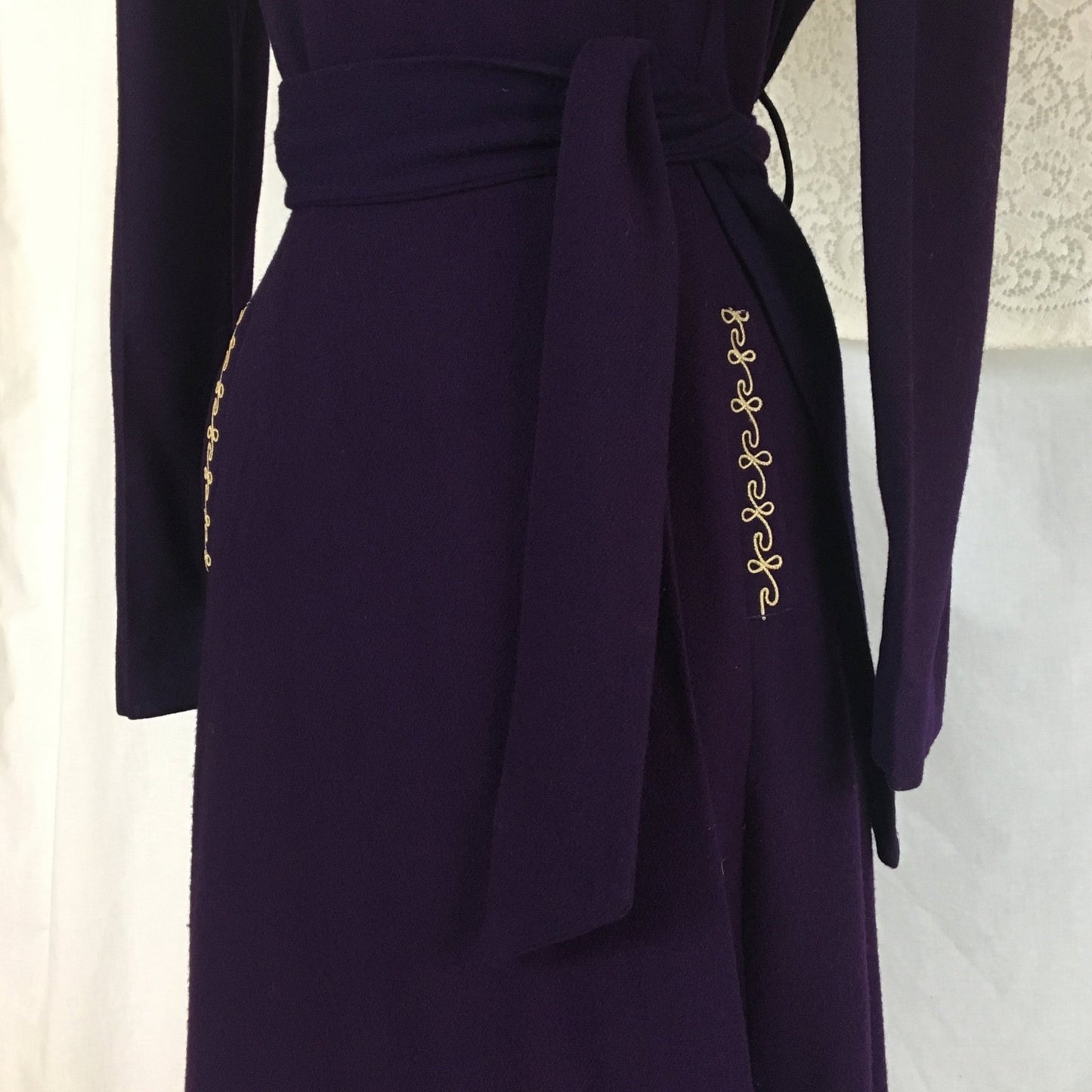 Vintage 1940's Robe | Rich Eggplant Purple Wool with Gold Embroidery | Size S, MED - Daggers & Dames