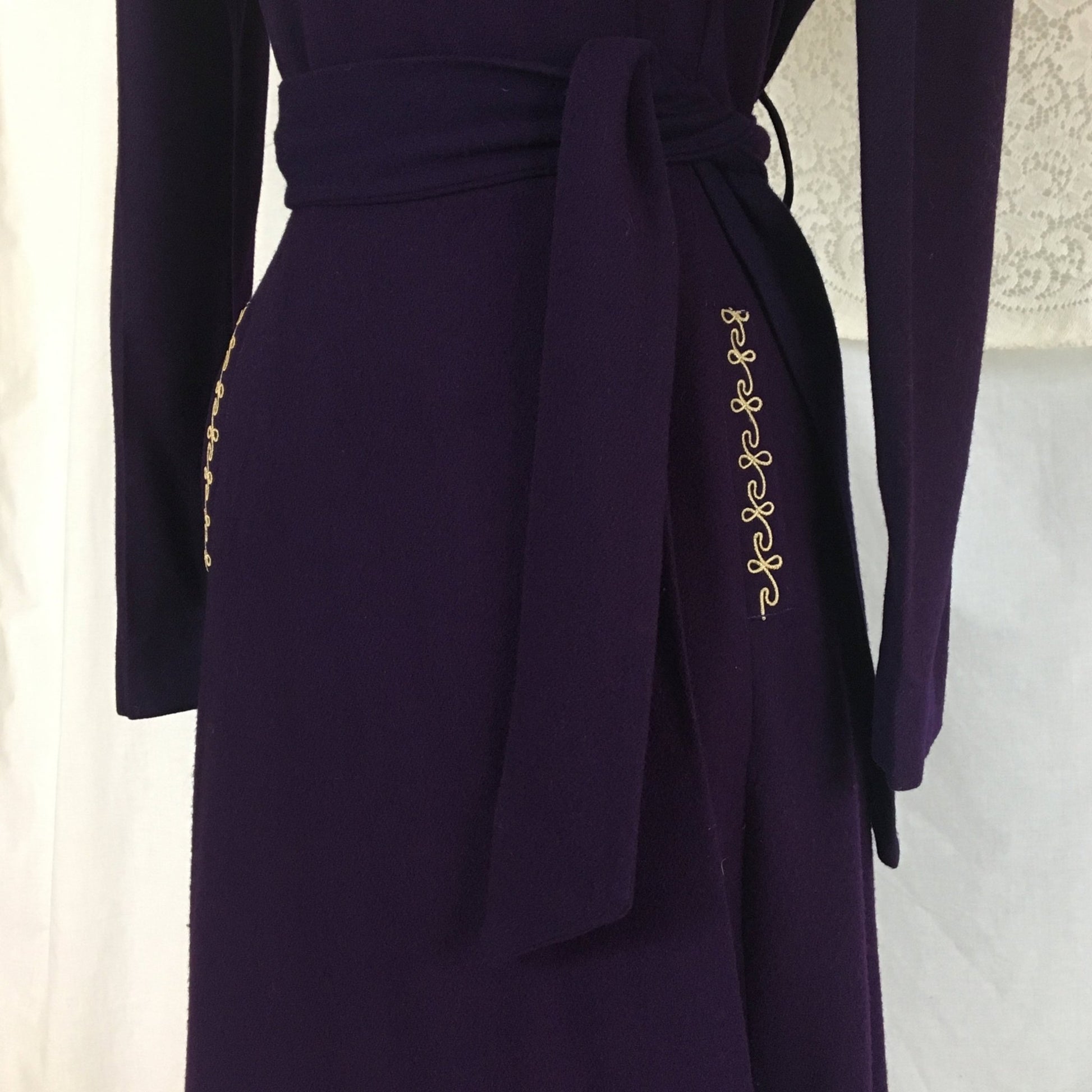 Vintage 1940's Robe | Rich Eggplant Purple Wool with Gold Embroidery | Size S, MED - Daggers & Dames