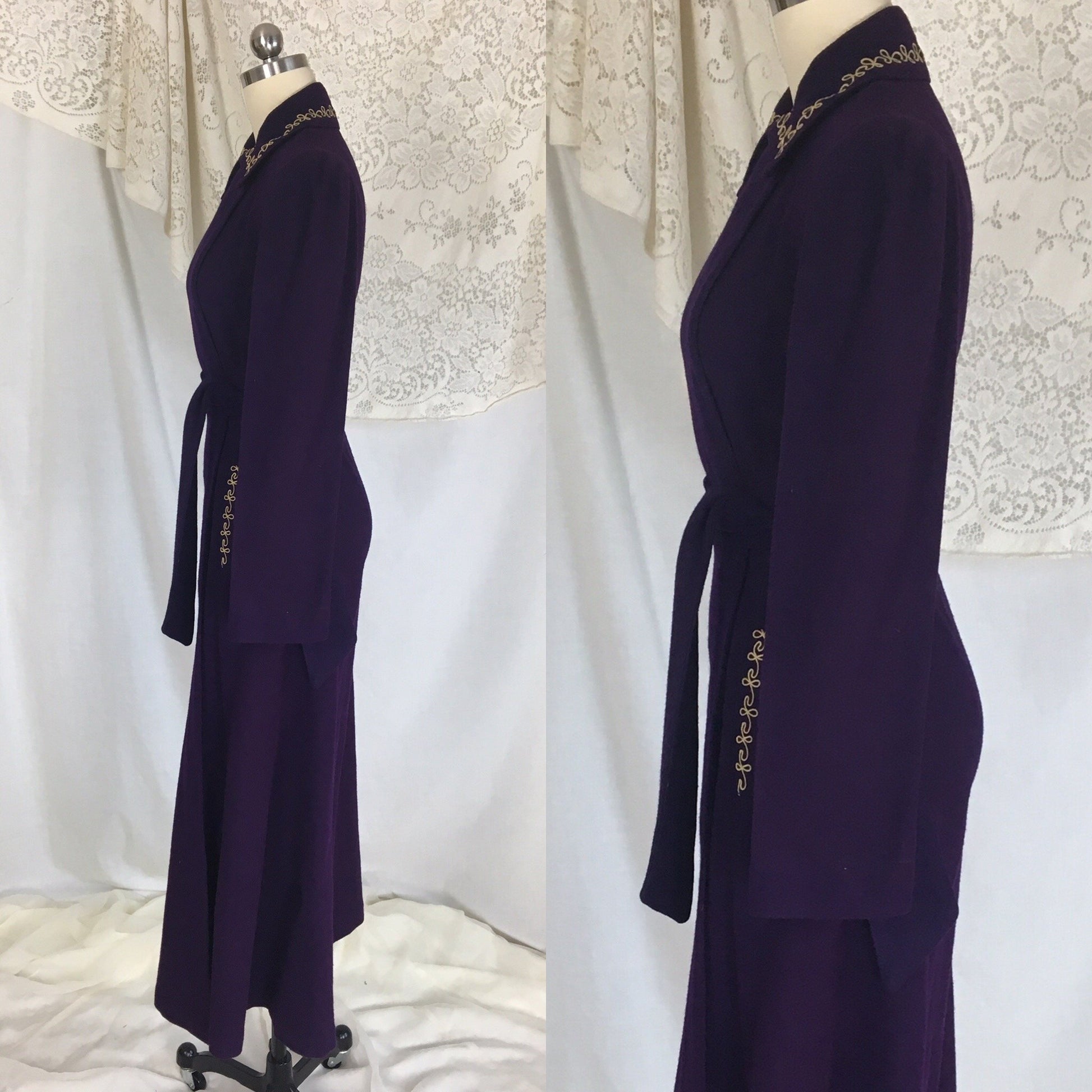 Vintage 1940's Robe | Rich Eggplant Purple Wool with Gold Embroidery | Size S, MED - Daggers & Dames