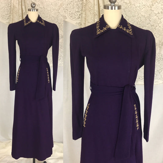 Vintage 1940's Robe | Rich Eggplant Purple Wool with Gold Embroidery | Size S, MED - Daggers & Dames