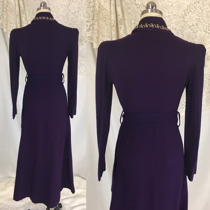 Vintage 1940's Robe | Rich Eggplant Purple Wool with Gold Embroidery | Size S, MED - Daggers & Dames