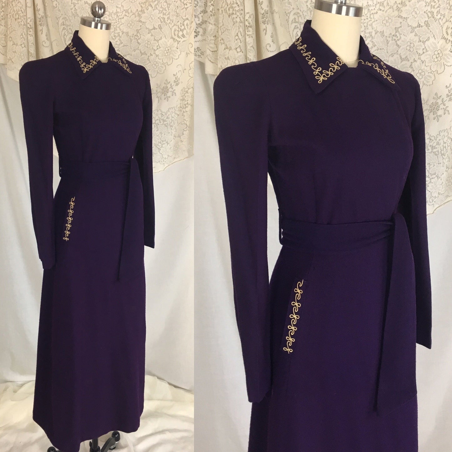 Vintage 1940's Robe | Rich Eggplant Purple Wool with Gold Embroidery | Size S, MED - Daggers & Dames