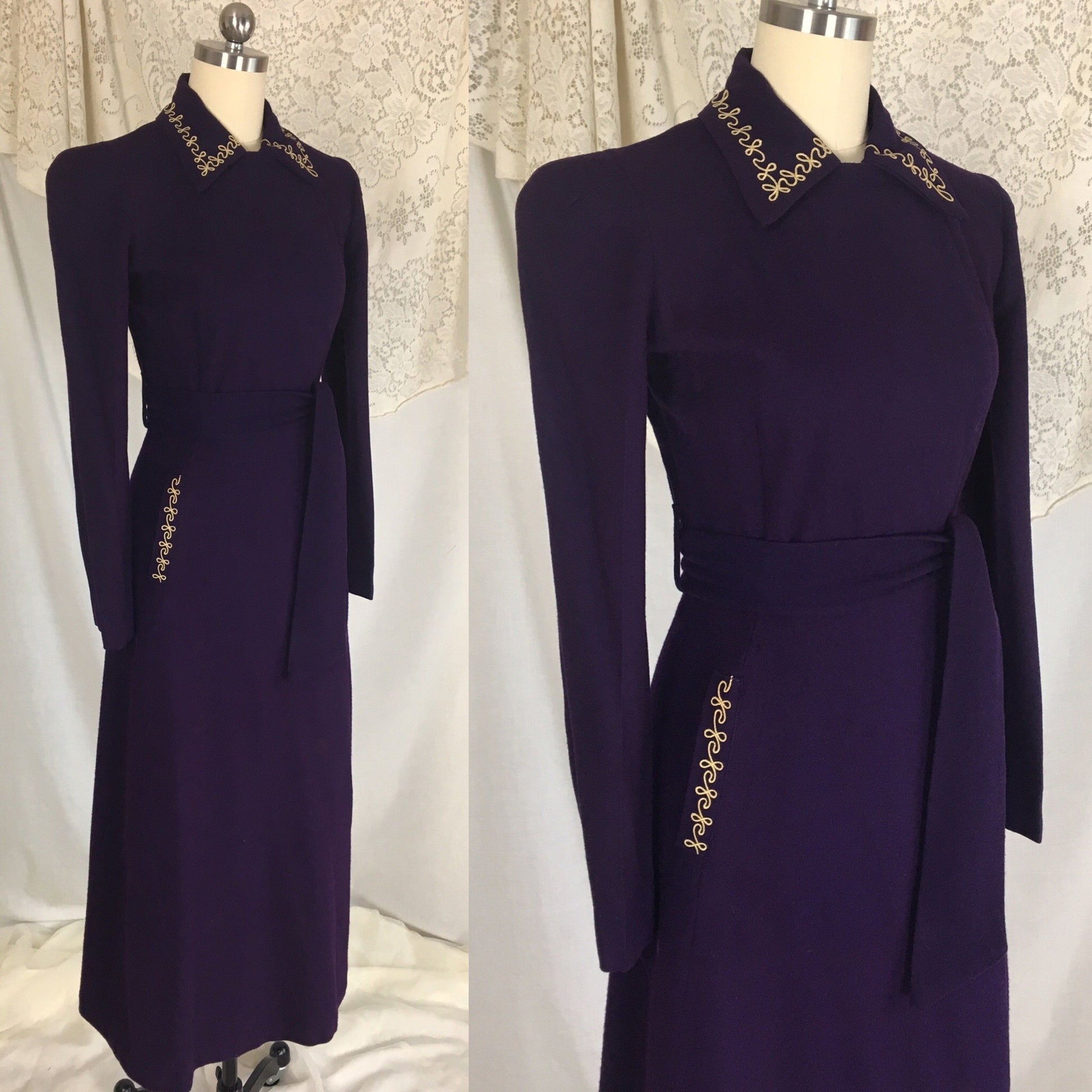 Vintage 1940's Robe | Rich Eggplant Purple Wool with Gold Embroidery | Size S, MED - Daggers & Dames