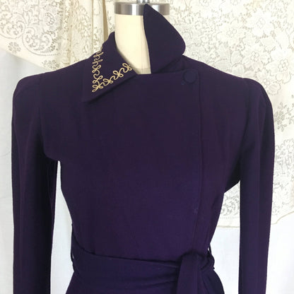 Vintage 1940's Robe | Rich Eggplant Purple Wool with Gold Embroidery | Size S, MED - Daggers & Dames