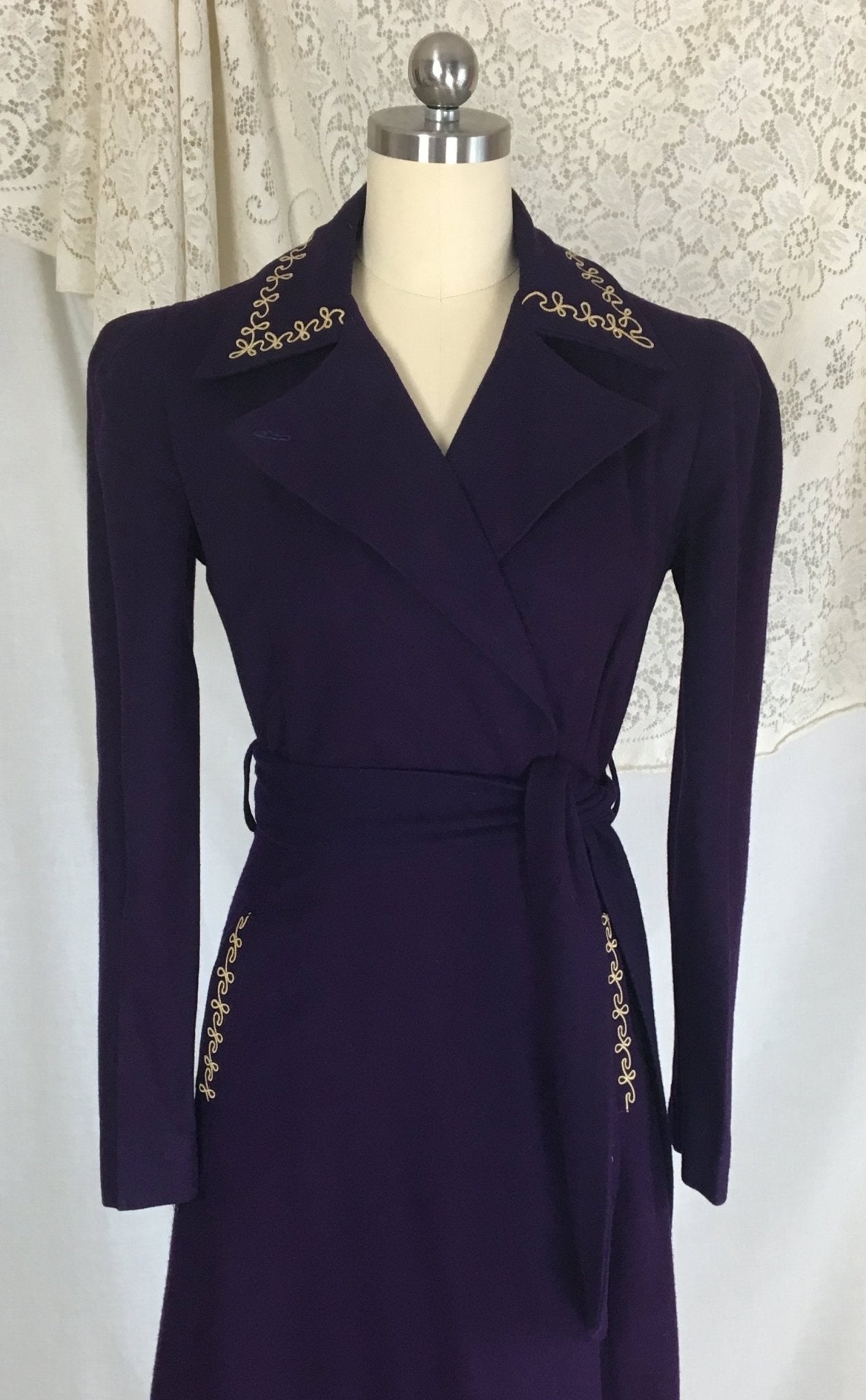 Vintage 1940's Robe | Rich Eggplant Purple Wool with Gold Embroidery | Size S, MED - Daggers & Dames