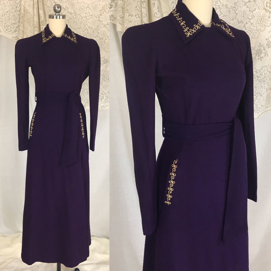 Vintage 1940's Robe | Rich Eggplant Purple Wool with Gold Embroidery | Size S, MED - Daggers & Dames